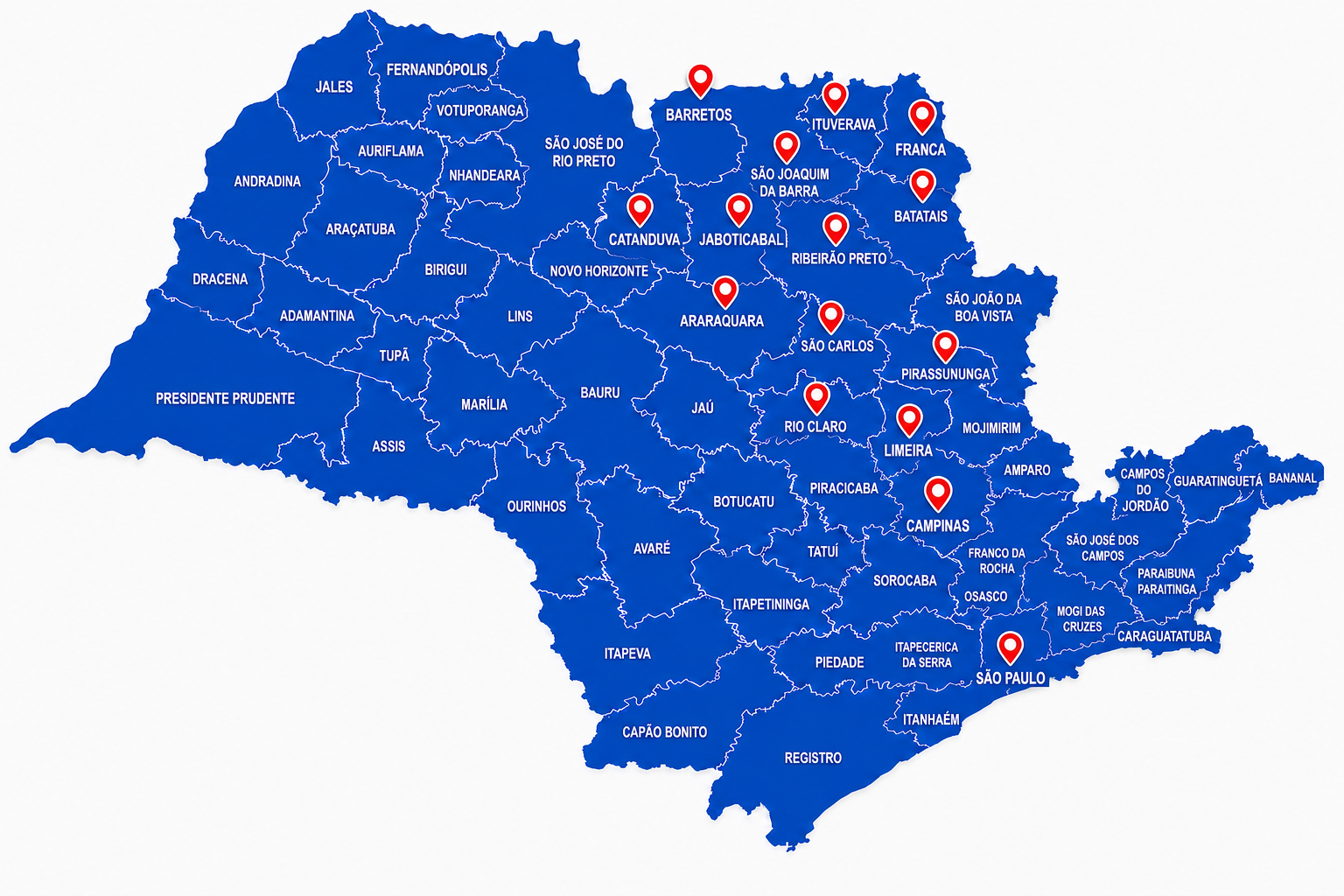 Mapa do estado de São Paulo com as cidades atendidas pela AVGouveia