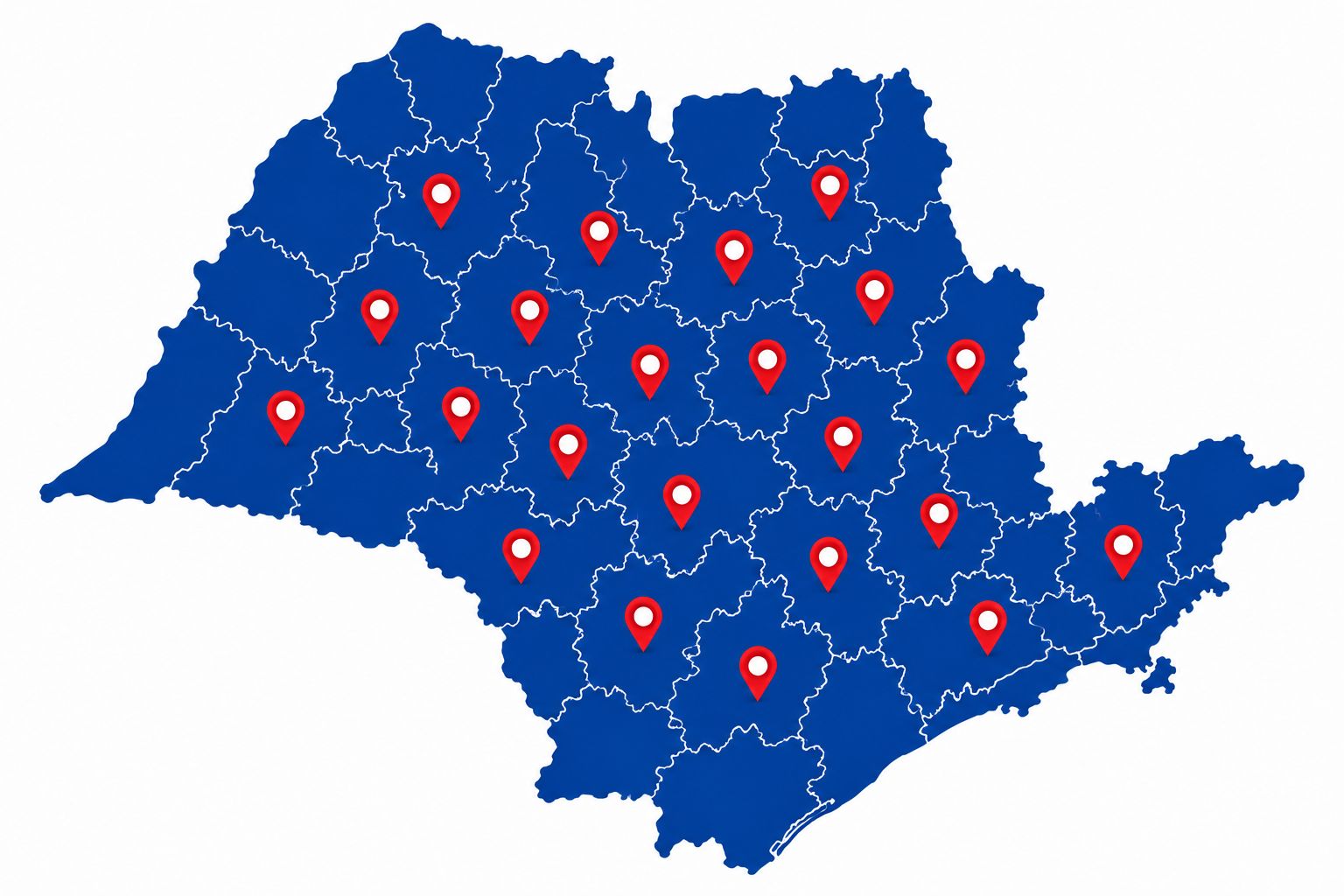 Mapa do estado de São Paulo com as cidades atendidas